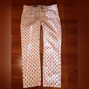 J. Crew Cropped Matchstick Jeans, Size 27, white and coral print.